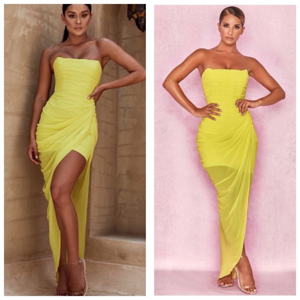 House Of CB Paloma Maxi Dress Yellow Strapless Draped Chiffon Size Small Corset